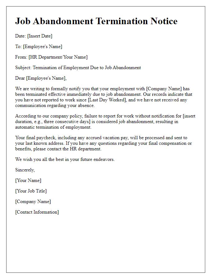 Letter template of Job Abandonment Termination Notice from HR Department