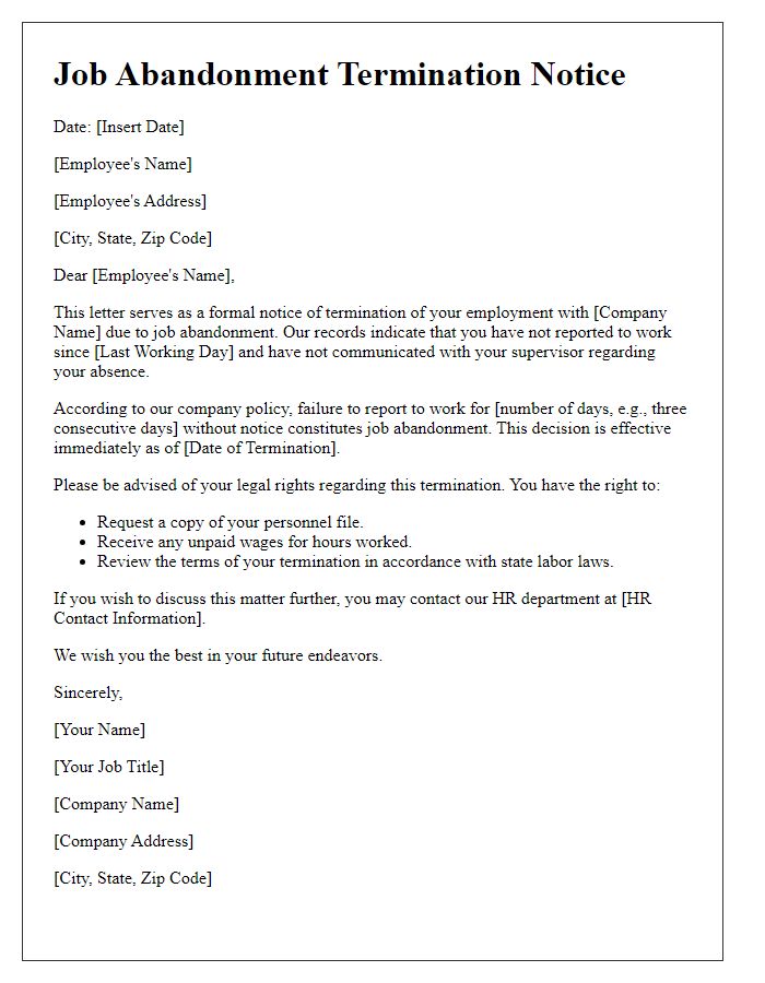 Letter template of Job Abandonment Termination Notice Including Legal Rights