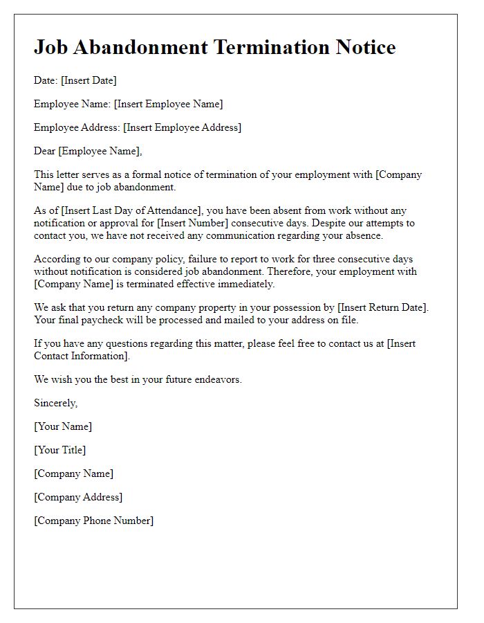 Letter template of Job Abandonment Termination Notice for Unscheduled Absence