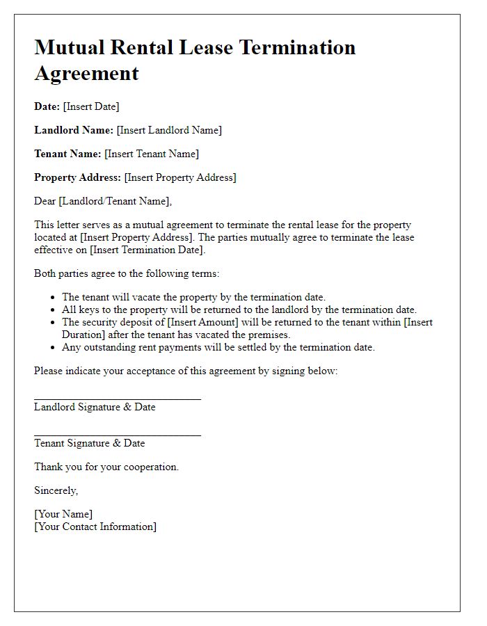 Letter template of mutual rental lease termination agreement.