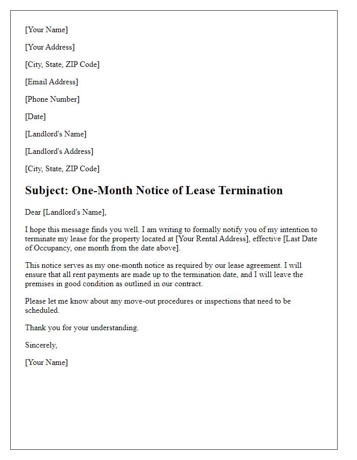 Letter template of one-month rental lease termination notification.