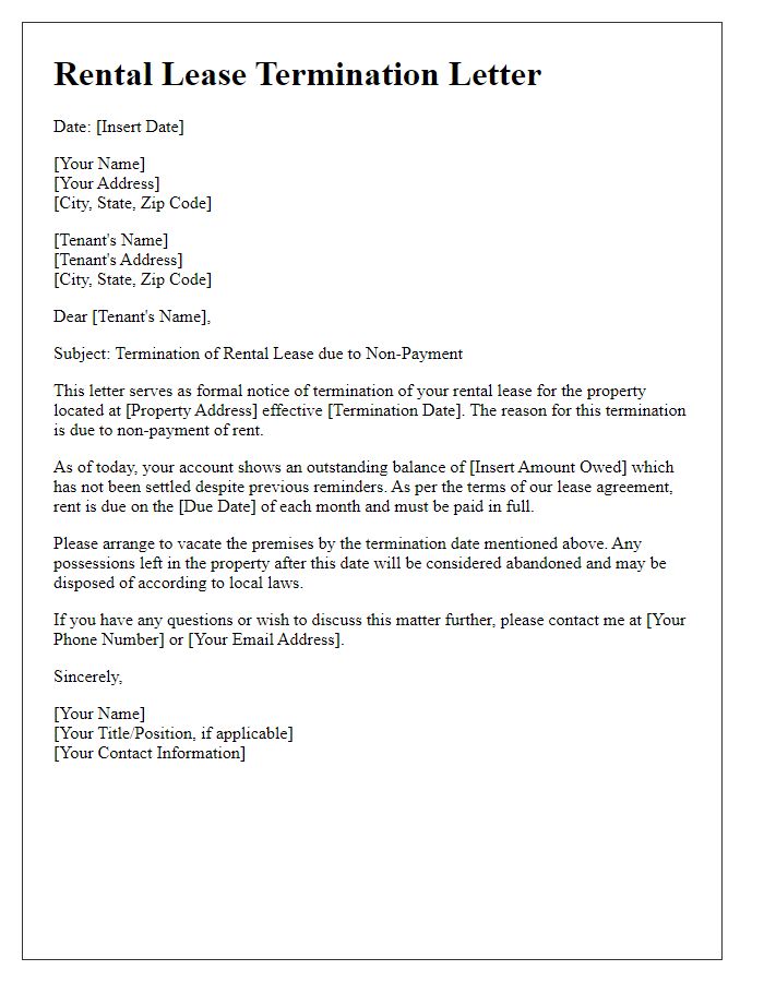 Letter template of rental lease termination due to non-payment.