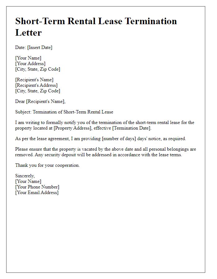 Letter template of short-term rental lease termination letter.