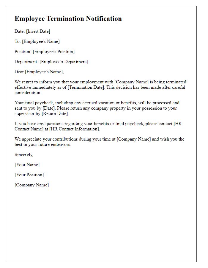 Letter template of abrupt employee termination notification