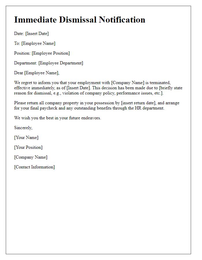 Letter template of immediate dismissal announcement