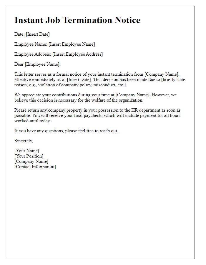 Letter template of instant job termination message