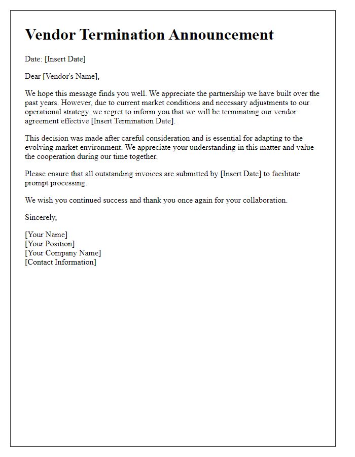 Letter template of vendor termination announcement for market condition adjustments.