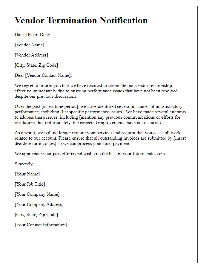 Letter template of vendor termination communication due to performance issues.