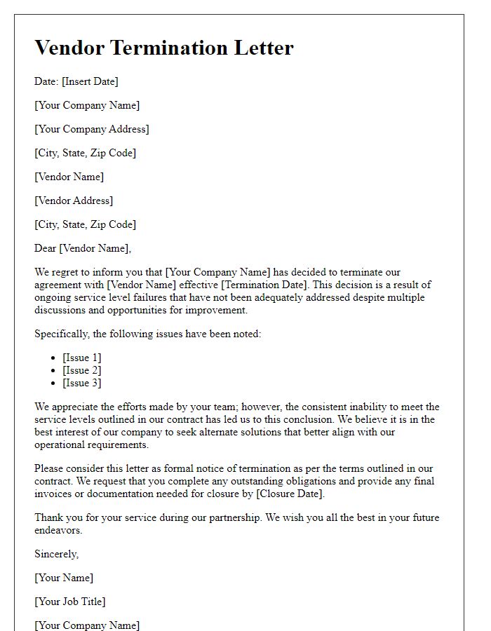 Letter template of vendor termination correspondence for service level failures.