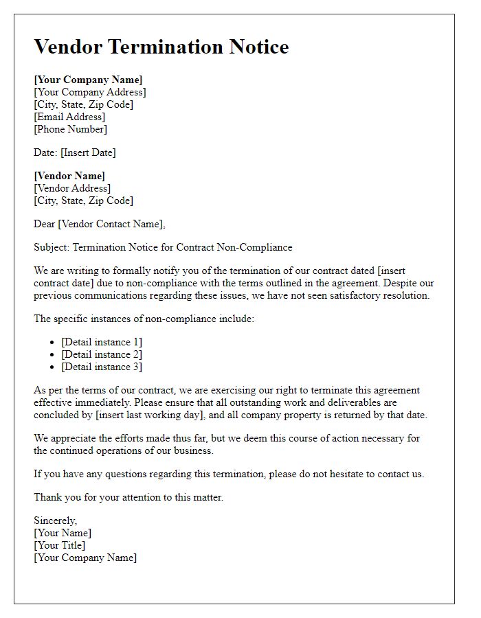 Letter template of vendor termination notice for contract non-compliance.