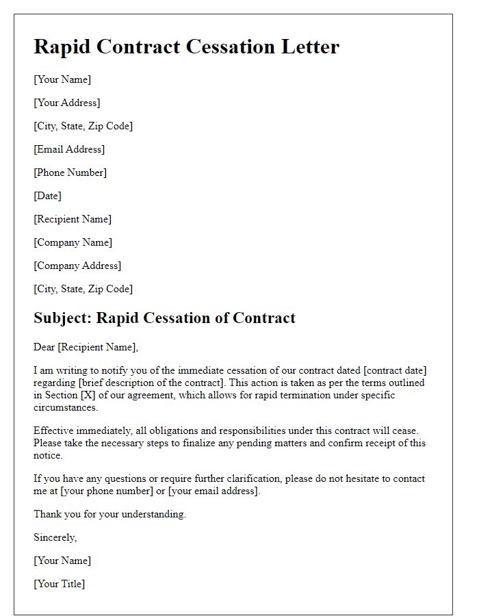 Letter template of rapid contract cessation