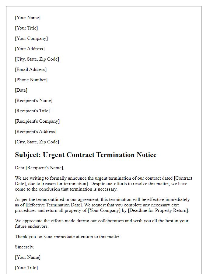 Letter template of urgent contract termination announcement