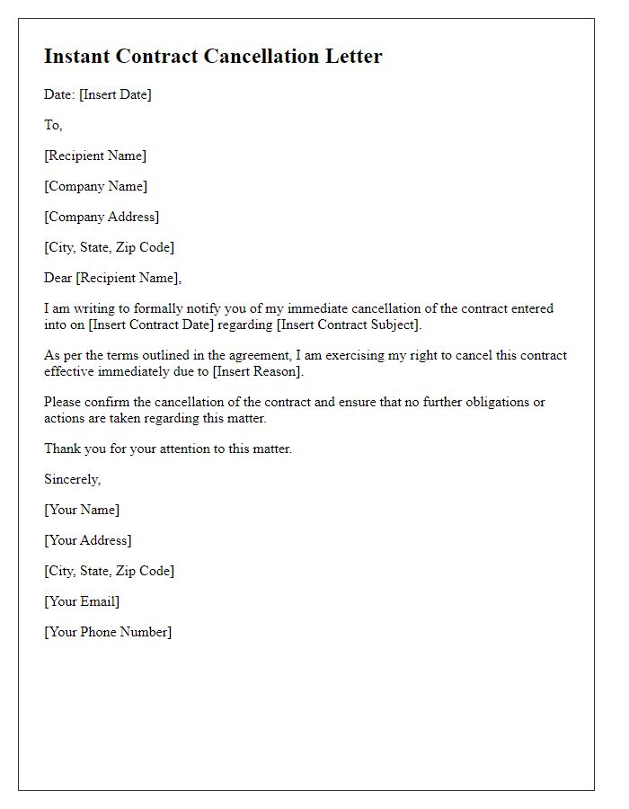 Letter template of instant contract cancellation.