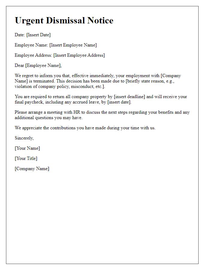 Letter template of urgent employee dismissal.