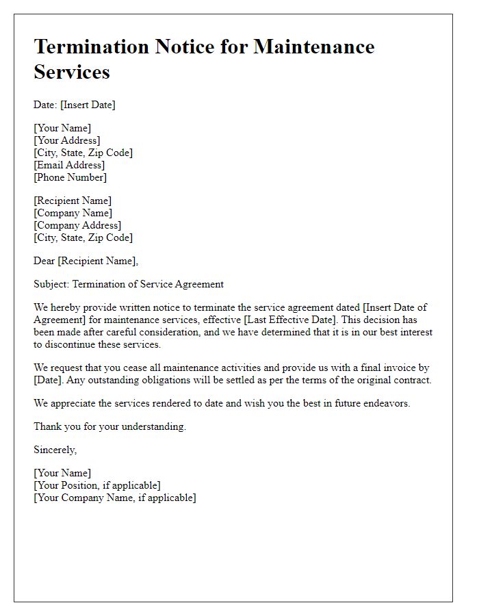 Letter template of service agreement termination notice for maintenance services