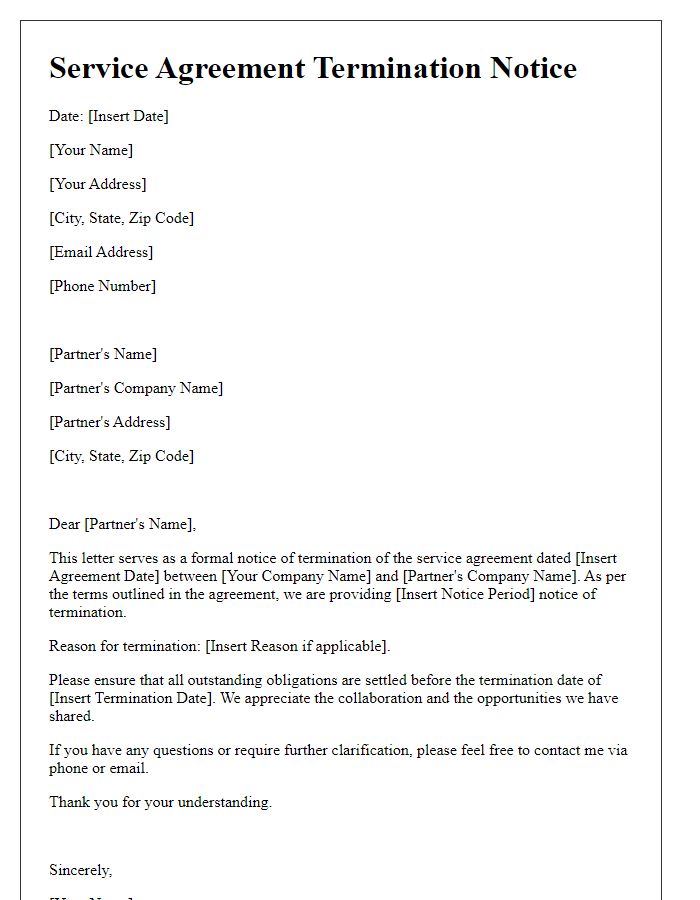 Letter template of service agreement termination notice for partnership agreements