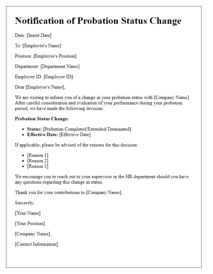 Letter template of notification of probation status change to employment.