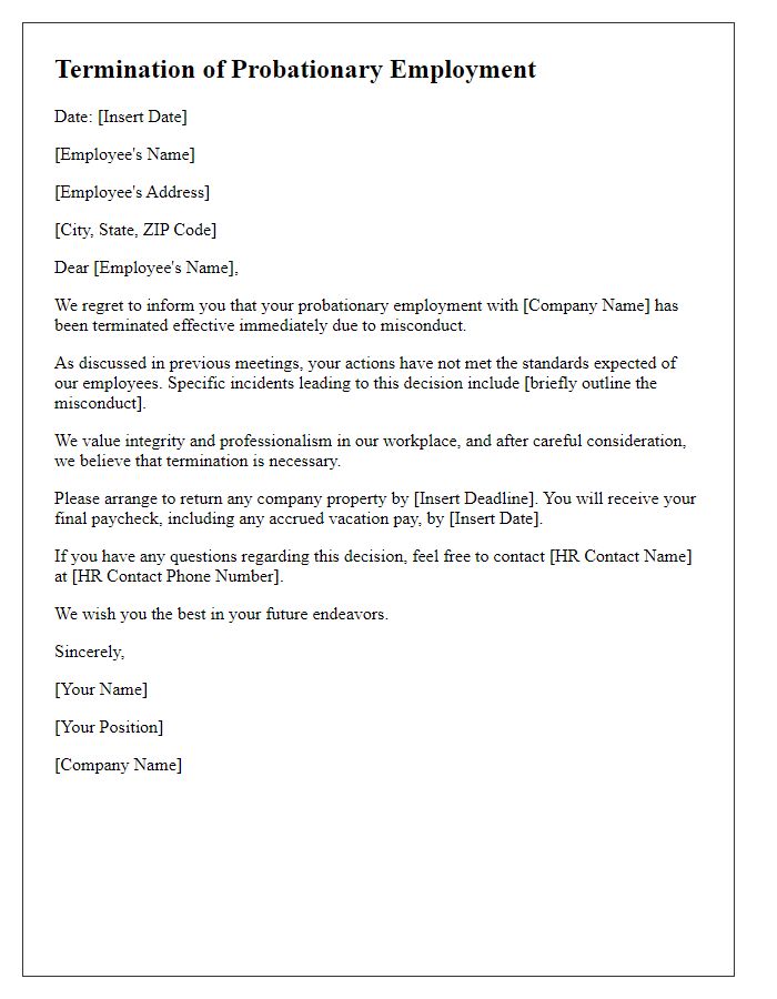 Letter template of probation termination due to misconduct.