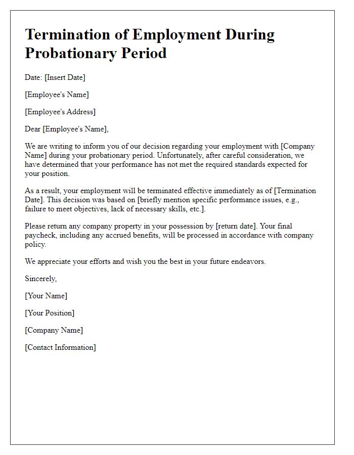 Letter template of probationary period termination for performance issues.