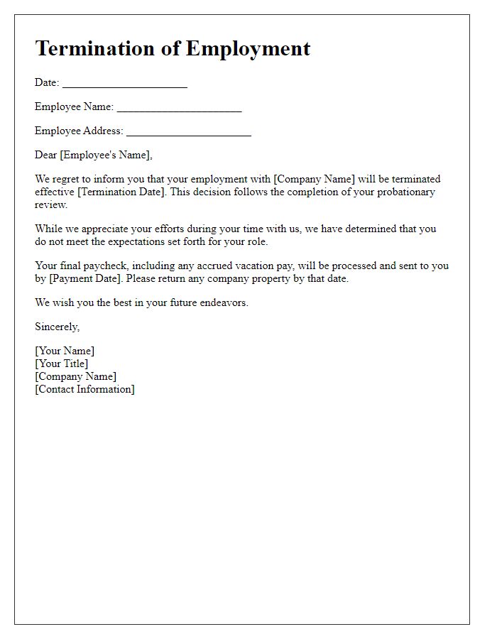 Letter template of termination upon completion of probationary review.