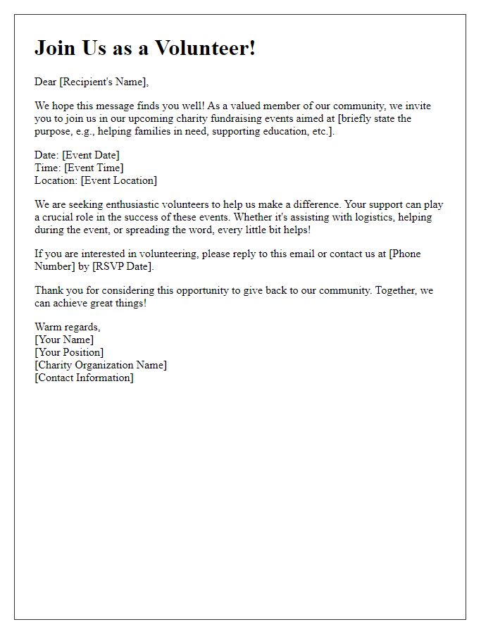 Letter template of volunteer recruitment for charity fundraising events.