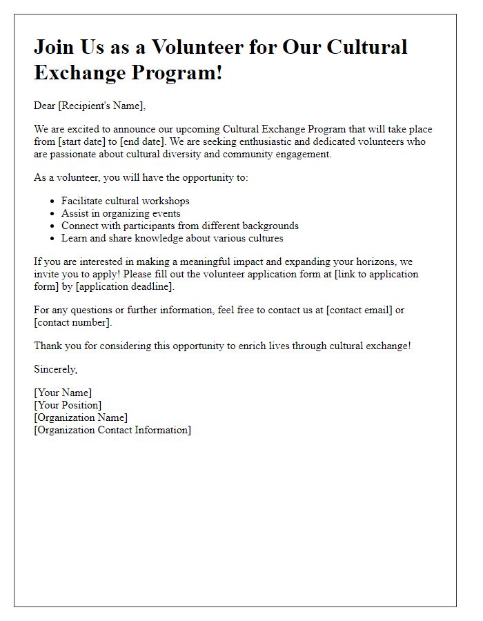 Letter template of volunteer recruitment for cultural exchange programs.