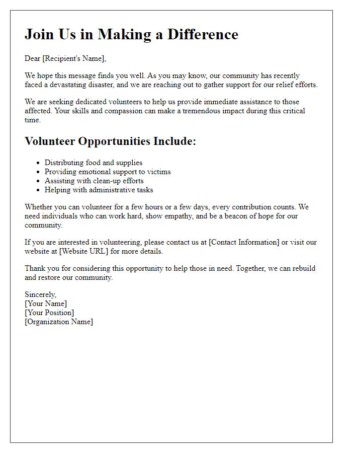 Letter template of volunteer recruitment for disaster relief efforts.