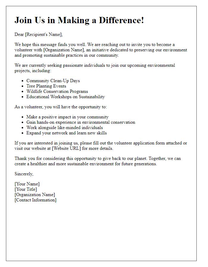 Letter template of volunteer recruitment for environmental projects.