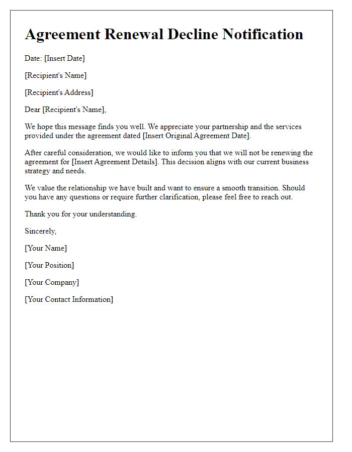 Letter template of agreement renewal decline message.