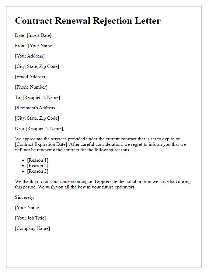 Letter template of contract renewal rejection statement.