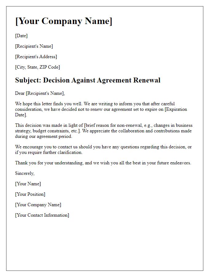 Letter template of decision against agreement renewal.