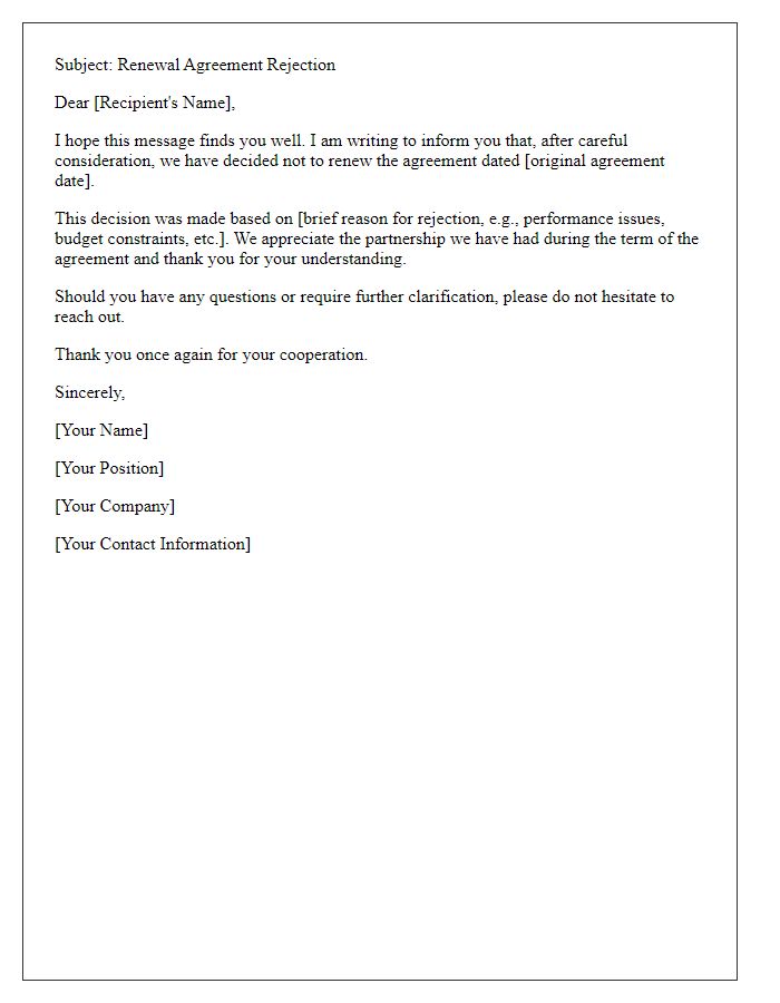 Letter template of renewal agreement rejection email.