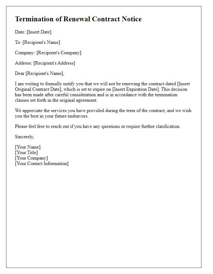 Letter template of termination of renewal contract notice.