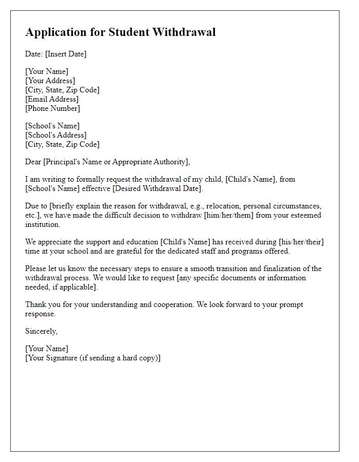 Letter template of application for student withdrawal.