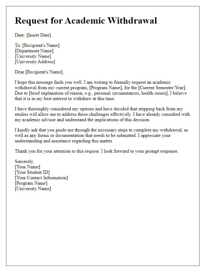 Letter template of request for academic withdrawal.