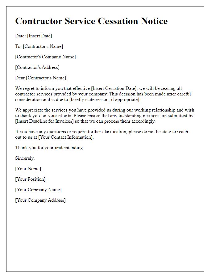 Letter template of contractor service cessation notice