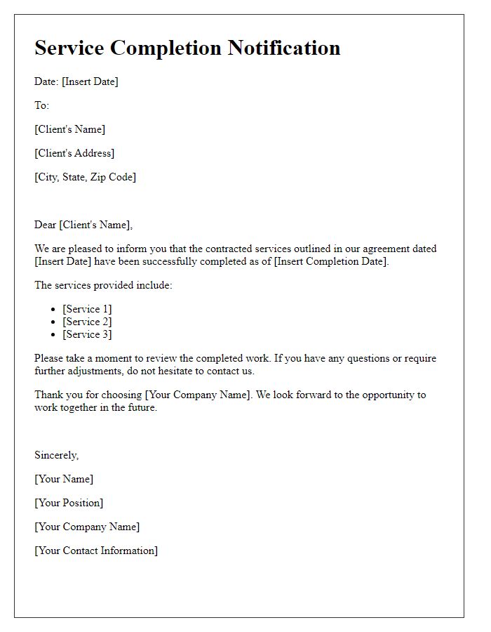 Letter template of contractor service completion notification