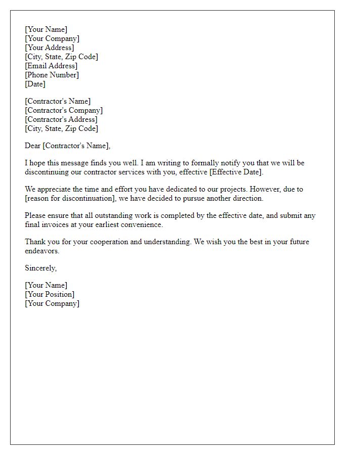 Letter template of contractor service discontinuation letter