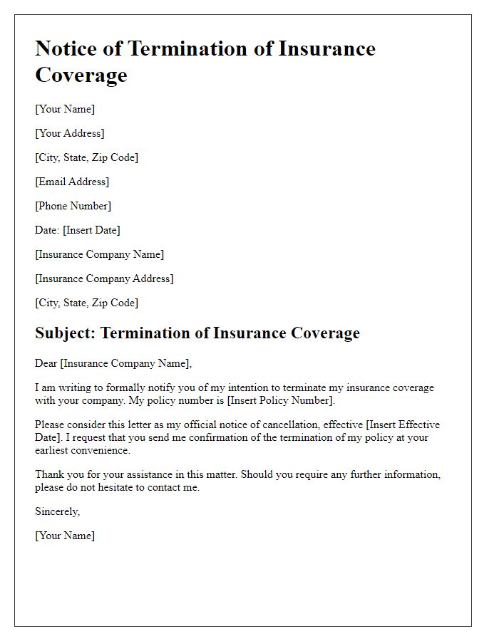 Letter template of notice for ending insurance coverage