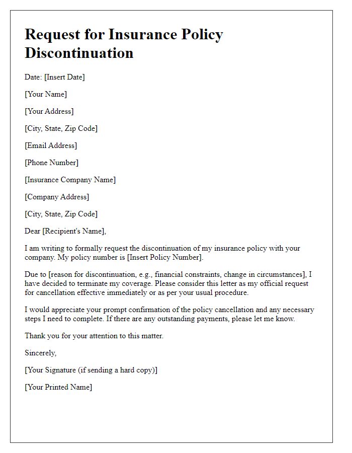 Letter template of request for insurance policy discontinuation