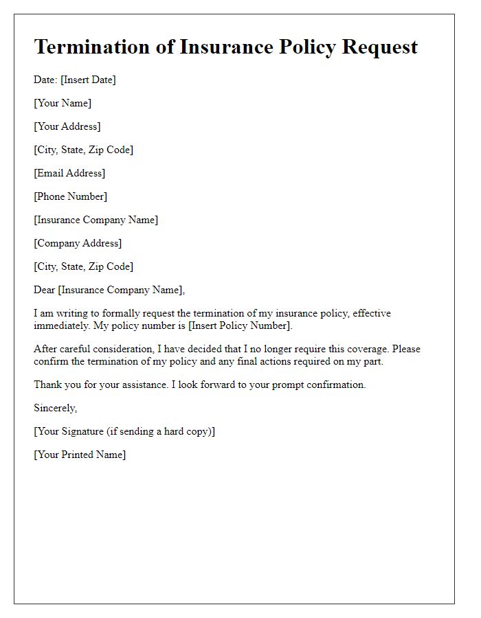 Letter template of termination of insurance policy request