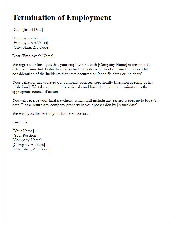 Letter template of retail employment termination due to misconduct.