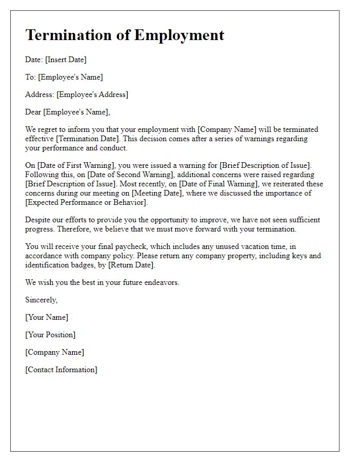 Letter template of retail employment termination following a series of warnings.