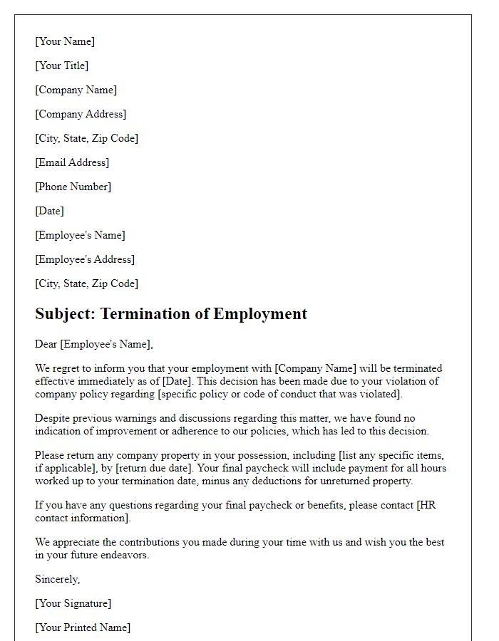 Letter template of retail employment termination for violation of company policy.