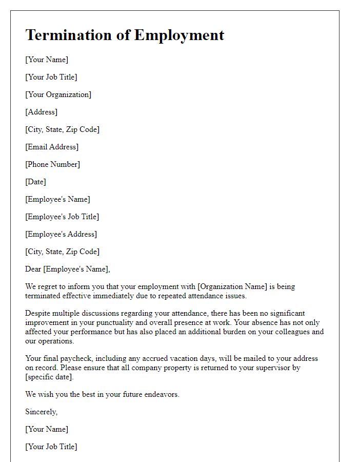 Letter template of termination for healthcare personnel over repeated attendance issues