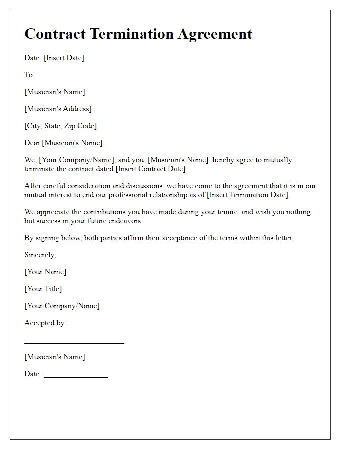 Letter template of musician contract termination based on mutual consent.