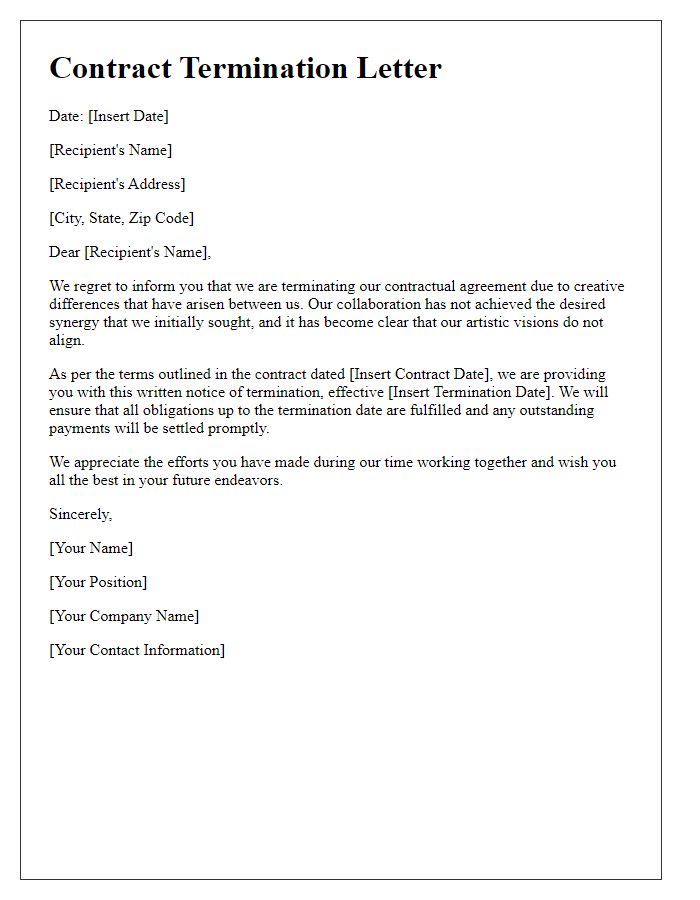 Letter template of musician contract termination for creative differences.