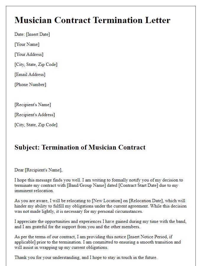 Letter template of musician contract termination due to relocation.