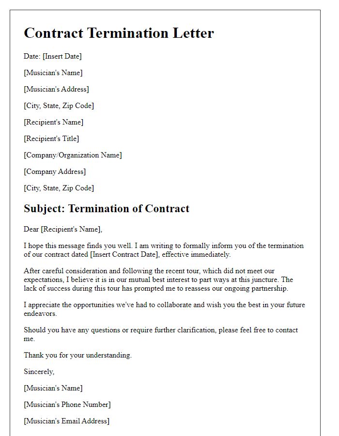 Letter template of musician contract termination following an unsuccessful tour.