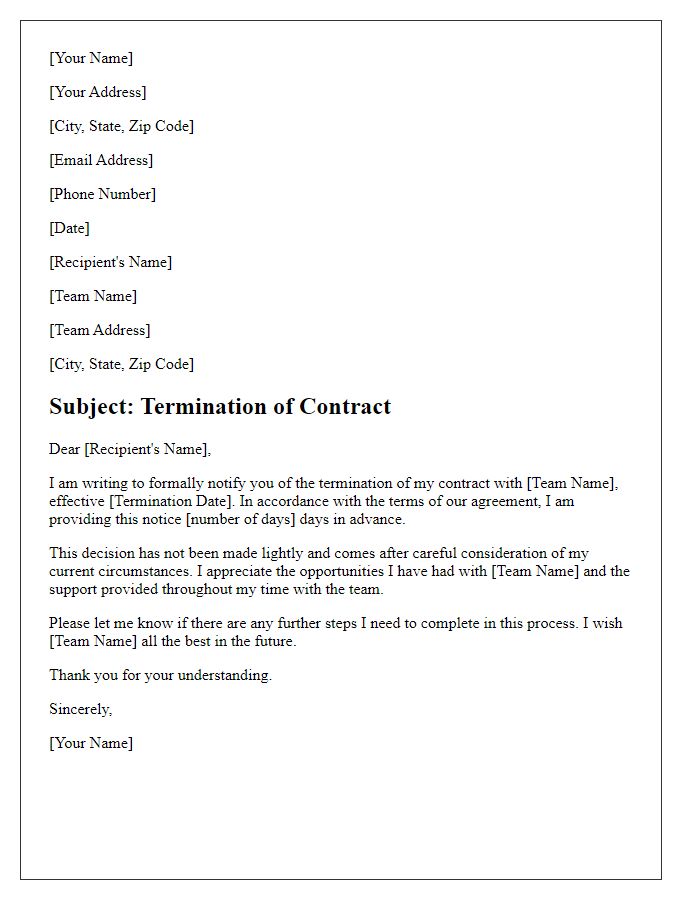 Letter template of sports team contract termination notice